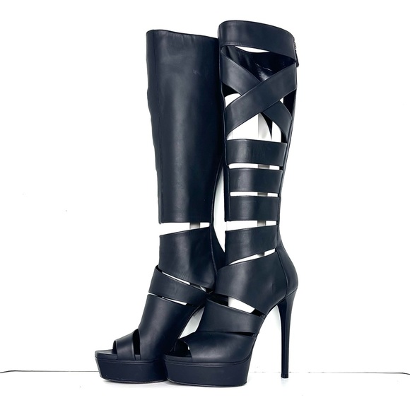 Gucci Helena Babylon Cutout Knee High Black Leather Platform Boots 37 - Picture 1 of 7